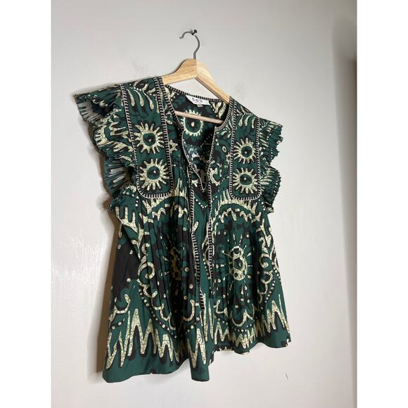 NEW Sea New York Charlough Cotton Split Neck Flutter Sleeves Top in Green/Black - Picture 3 of 7